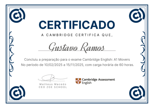 Certificado Cambridge English de aluno da Zoe Christian School