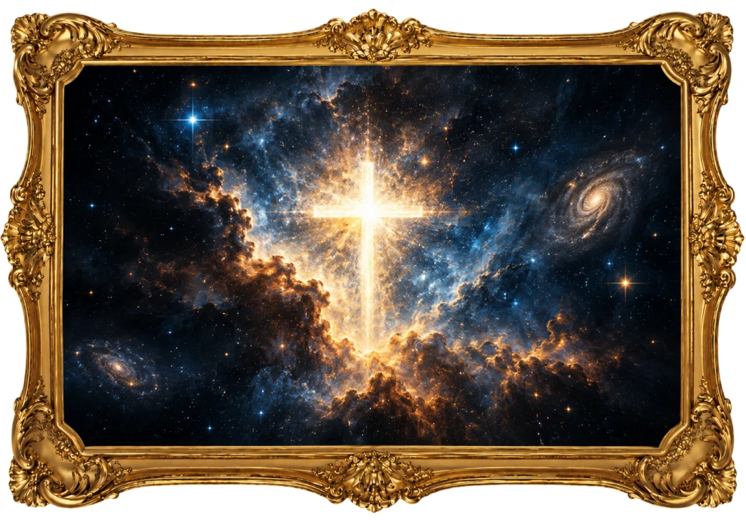 Cruz luminosa no universo representando a cosmovisão cristã